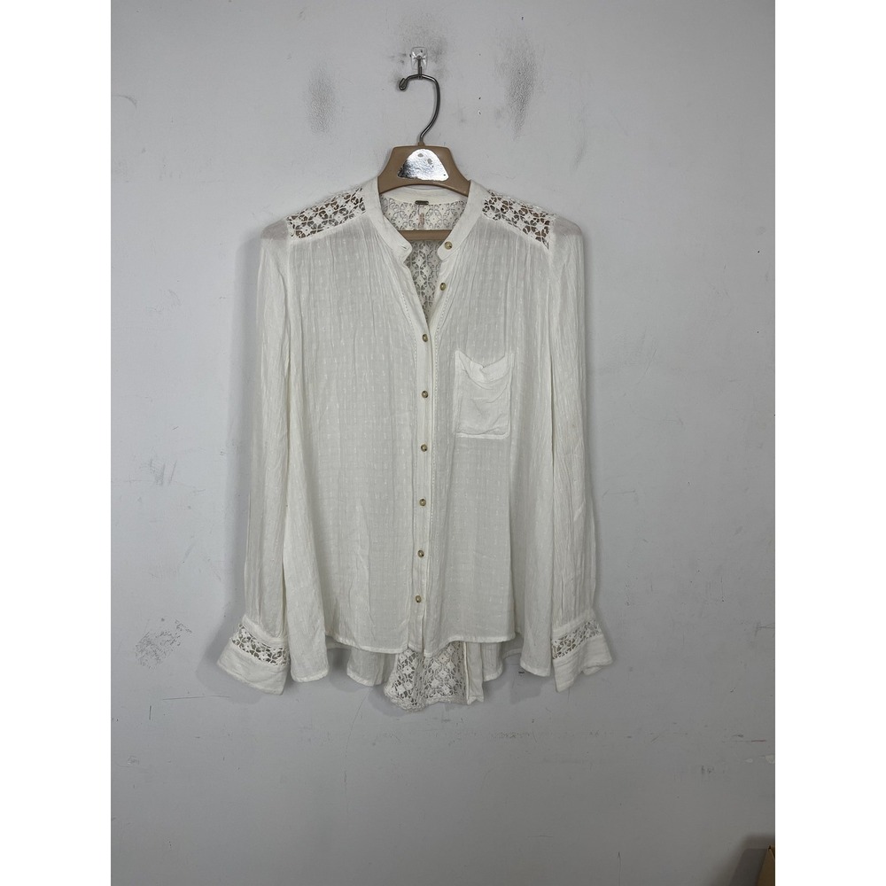 Free People Women's White Lace Trim Button Down Blouse Top‎ Shirt Size S Boho